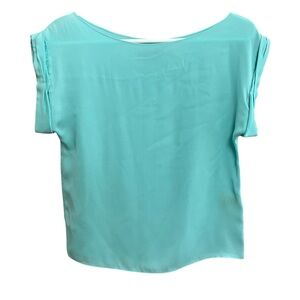ALICE + OLIVIA TEAL SHORT SLEEVE SILK BLEND BATEAU NECKLINE CROPPED TOP X-SMALL